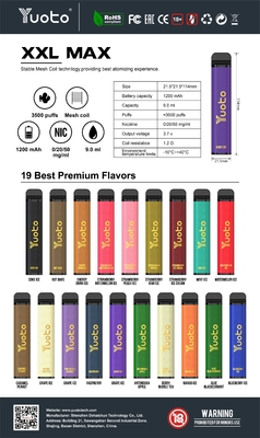 ODM Yuoto 3500 पफ्स वेप बार 16 मिक्स्ड फ्लेवर ROHS 1200mAh बैटरी 9ml E जूस