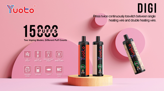 Yuoto DIGI 15000 Puffs Daul Mesh Coil Vape LED स्क्रीन बैटरी ईंधन स्तर